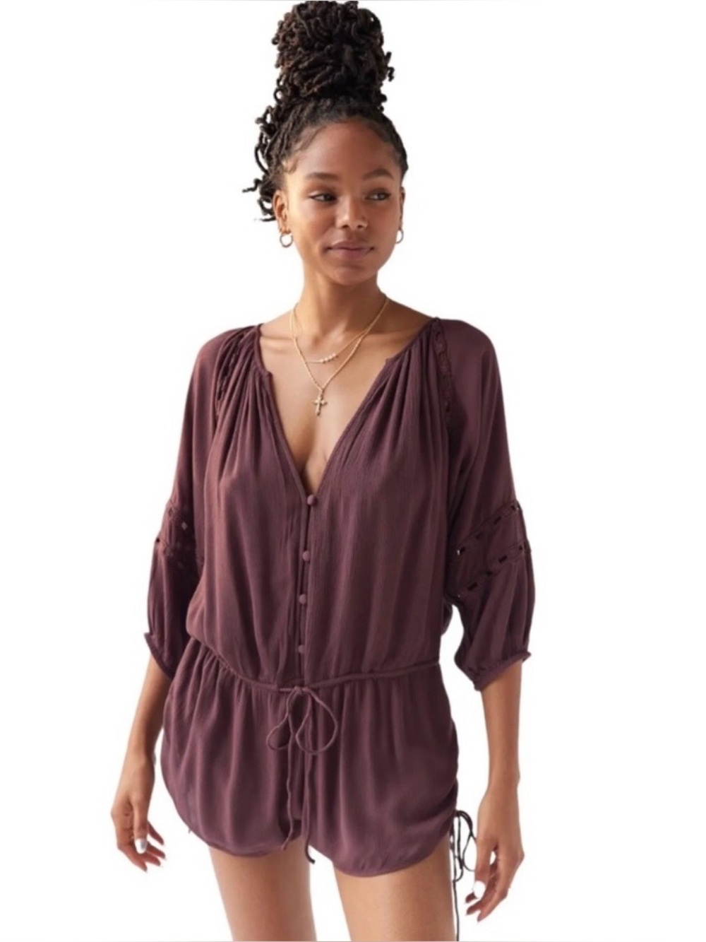 NWOT Urban Outfitters Junie Long Sleeve Romper, Bohemian Brown, Size S